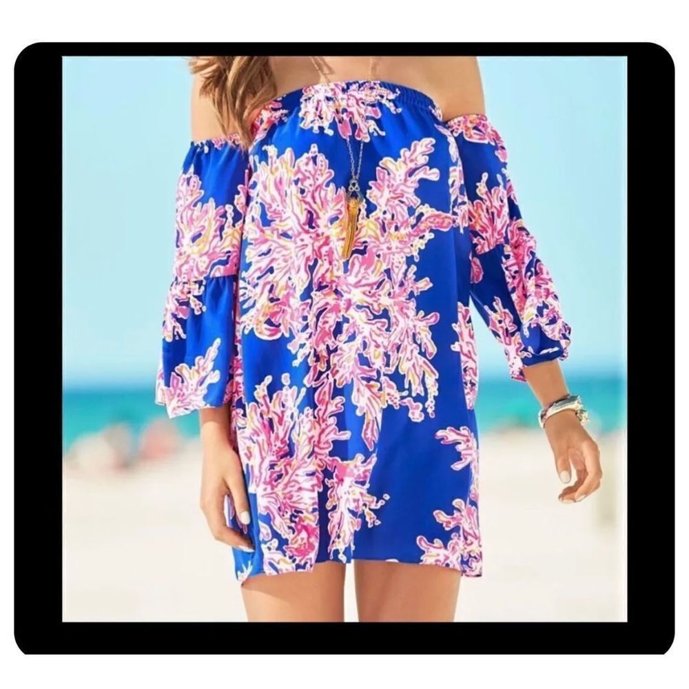 Lilly Pulitzer‎ Sanilla Silk Dress Off The Shoulder xxs coral blue pink